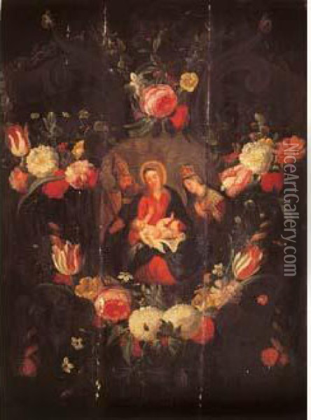  Vierge A L'enfant Entre Saint Gregoire Et Sainte Catherine Dans
 Une Guirlande De Fleurs  Oil Painting - Jan Iii Van Kessel