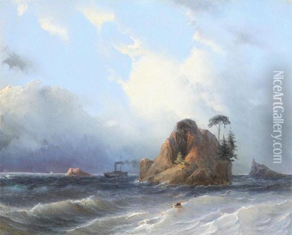 Marine With Steamer Near A Rock Oil Painting - Aegidius Schonstedt
