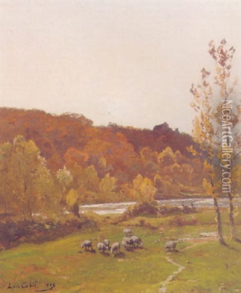Sheep In A Sunlit Landscape Oil Painting - Louis Alexandre Cabie