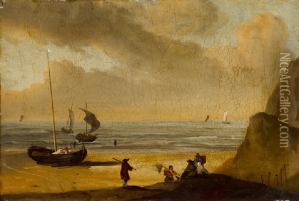 Hollandische Strandlandschaft Mit Fischern Und Booten Oil Painting - Ludolf Backhuysen the Elder