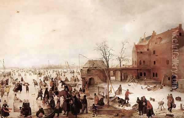 A Scene on the Ice near a Town, c.1615 Oil Painting - Hendrick Avercamp