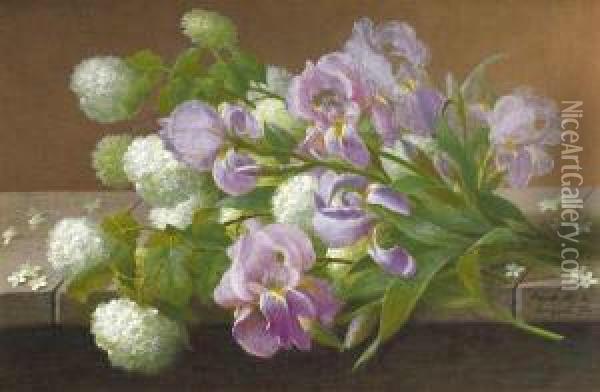 Iris & Hydrangeas Oil Painting - Raoul Maucherat de Longpre