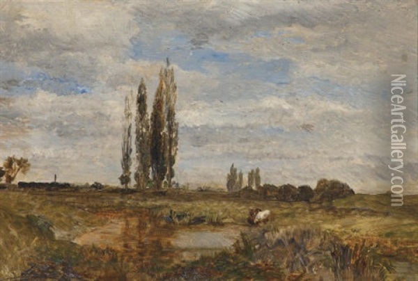Landschaft Bei Lundenburg - Watering Cows Near Lundenburg Oil Painting - Emil Jacob Schindler