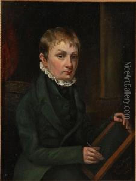 Portrait Of Young Man Holding A Writing Slate - Possibly A Self-portrait Oil Painting - William Mercer