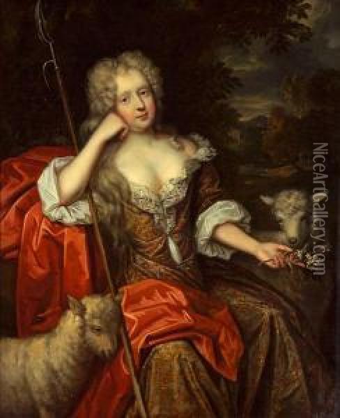 A Portrait Of A Lady, Seated Three-quarterlength, Dressed As A Shepherdess Oil Painting - Henri Gascard