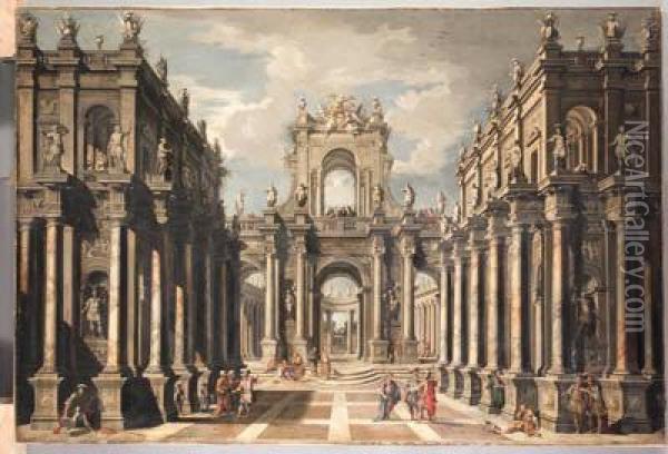 An Architectual Fantasy With 
Classical Figures Conversing Andcontemporary Spectators Above Oil Painting - Ferdinando Galli Bibiena