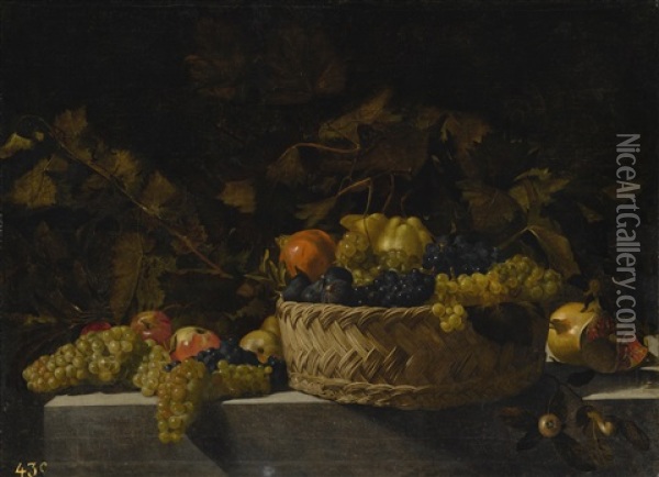 Basket Of Fruit On A Stone Ledge Oil Painting - Bartolomeo Cavarozzi