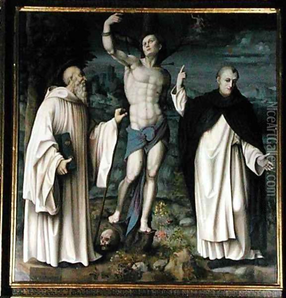 SS. Benedict, Dominic and Sebastian Oil Painting - Francesco Ubertini Bacchiacca II