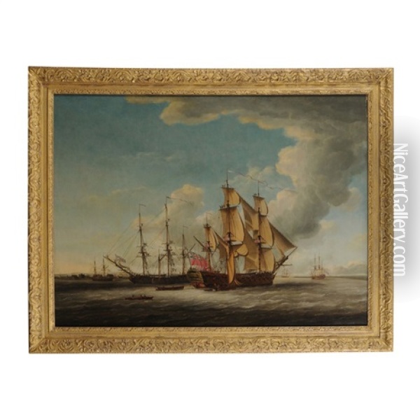 Two 32-gun Frigates Receiving Their Captains Oil Painting - John Cleveley
