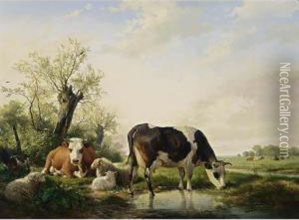 Cows, Sheep And A Goat In A Meadow Oil Painting - Hendrikus van den Sande Bakhuyzen