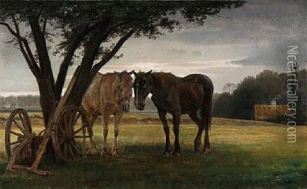 Landscape With Two Horses Under A Tree Oil Painting - Otto Haslund