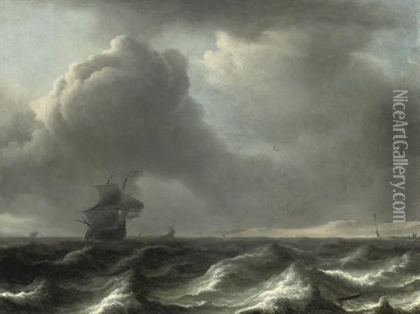A Wijdschip In Choppy Waters, Other Vessels Beyond Oil Painting - Aernout (Johann Arnold) Smit