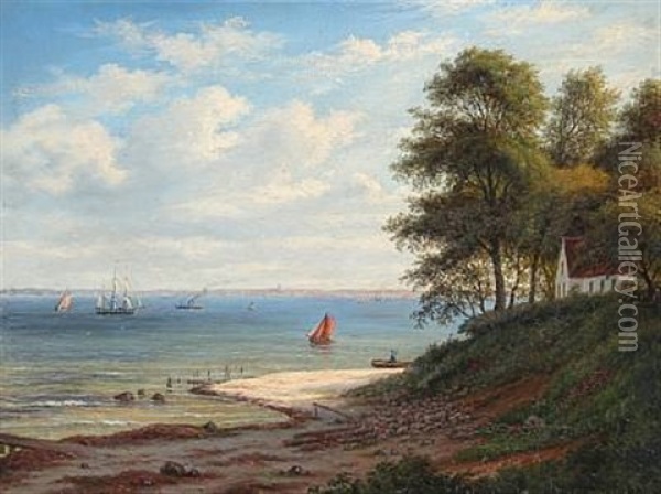 Summer Day At Hellebaek Beach, Denmark Oil Painting - Frederik Christian Jacobsen Kiaerskou