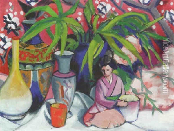 Stilleben Mit Vasen Und Japanischer Figur Oil Painting - Hans Thuar