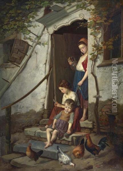 The Farm Children. 1867. Oil Painting - Theodore Gerard