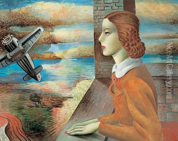 Girl and Iron Bird 1935 Oil Painting - Vilmos Perlrott-Csaba