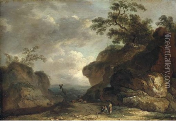 A Rocky Wooded Landscape With Figures By The Side Of A Track And A Herdsman And Livestock Beyond Oil Painting - James Arthur O'Connor