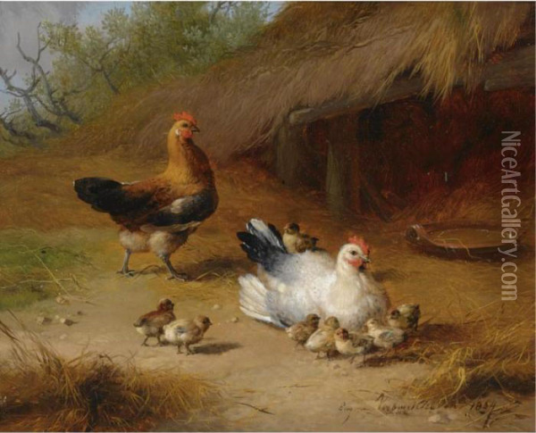 Chickens Oil Painting - Eugene Joseph Verboeckhoven