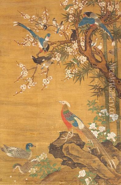 Pheasants And Birds Oil Painting - Lu Ji