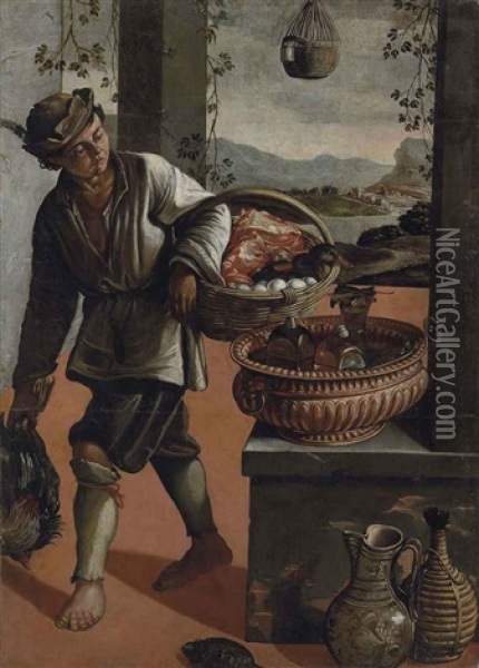 A Peasant Boy Carrying A Cockerel And A Basket Of Eggs, Meat And A Duck, In An Open Interior, A Mountainous Landscape With A River And Ruins Beyond Oil Painting - Vincenzo Campi