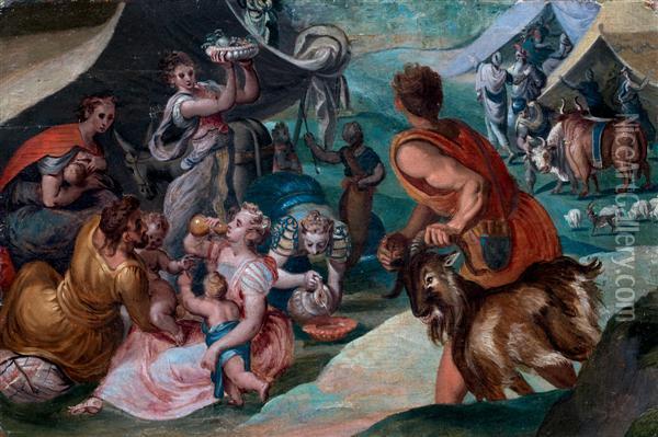 Rachel Et Jacob Au Campement, Lors Du Retour Au Pays De Canaan Oil Painting - Frans I Vriendt (Frans Floris)