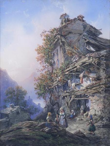 Casa Rurale Con Contadini Nei Pressi Di Un Lago Nella Vallata Oil Painting - Carlo Bossoli