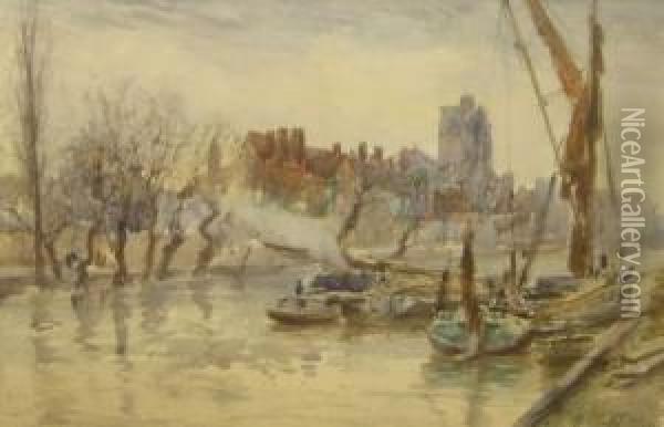 Canal Scene With Boats Unloading Oil Painting - Herbert John Finn