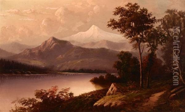 View Of Mt. Hood Looking Up The Klamath River, Oregon Oil Painting - Arthur William Best