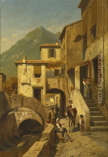 Rue A Monte-rosso, Bord De La Mediterrane, Italie Oil Painting - Jacques Francois Carabain