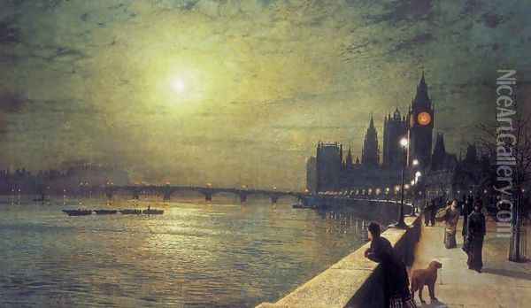 Reflections on the Thames, Westminster Oil Painting - John Atkinson Grimshaw