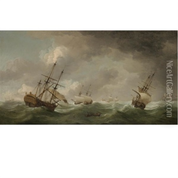 Frigates Shortening Sail Offshore Oil Painting - Charles Brooking