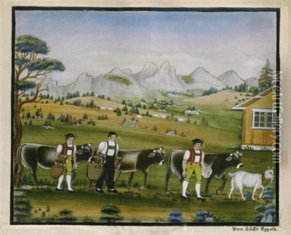 Drei Sennen, Zwei Beim Schellen Schutteln (three Senns, Two Ringing Bells) Oil Painting - Johannes Zuelle