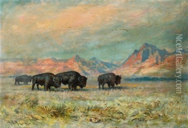 Landscape With Grazing Buffalo, 1916 Oil Painting - Astley David Middleton Cooper