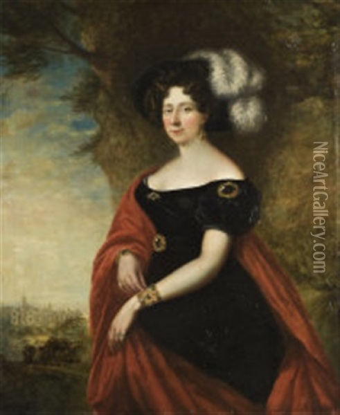 Portrait Of A Lady, In A Plumed Hat, Black Jeweled Gown And Red Cloak, In The Grounds Of A Gothic Palace Oil Painting - George Dawe