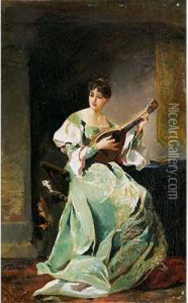 Mujer Con Mandolina Oil Painting - Eduardo Rosales Martinez
