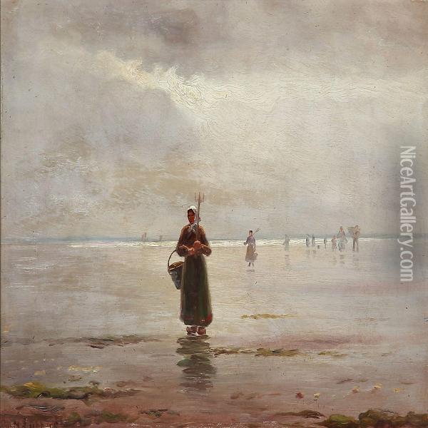 Fishermens' Wifes On A Beach In Brittany, France Oil Painting - Holger Peter Svane Lubbers