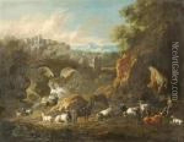 Mediterranean River Landscape With Herdsman And His Cattle. Oil Painting - Gaetano De Rosa