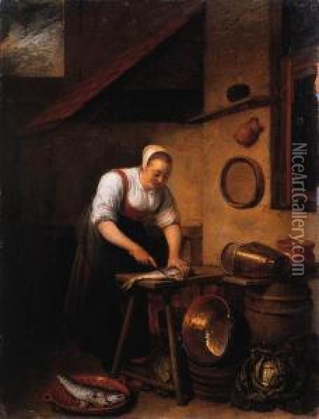 A Maid Standing By A Table 
Cleaning Fish, Pots, Pans And Cabbageson A Barrel Nearby, In A Farmyard Oil Painting - Hendrick Maertensz. Sorch (see Sorgh)