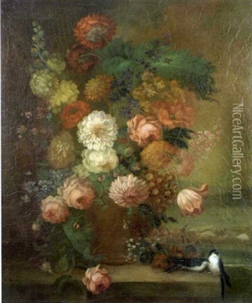 A Still Life Of Carnations And Dahlias In A Vase, With Swallows On A Ledge Beside Oil Painting - Andrew Somerville