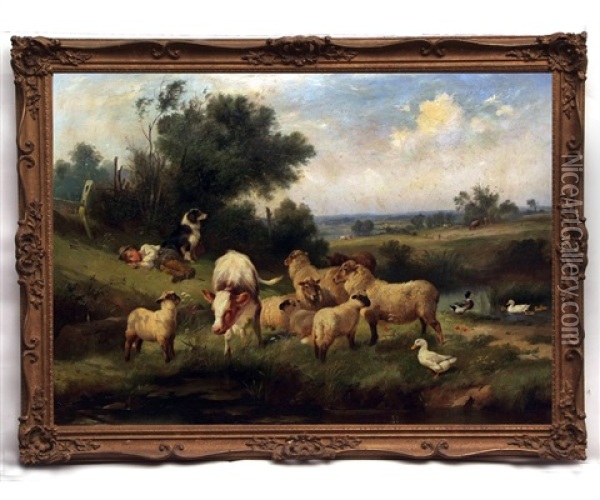 Young Shepherd Boy Sleeping With Collie Dog In Landscape Oil Painting - Walter Hunt