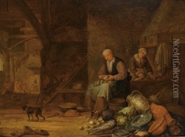 A Barn Interior With A Woman Peeling Onions And Another Woman Cleaning, A Still Life Of Pots, A Copper Jug And Plates, Cabbages, Onions And Fish In The Foreground, A Dog To The L Oil Painting - Pieter Symonsz Potter