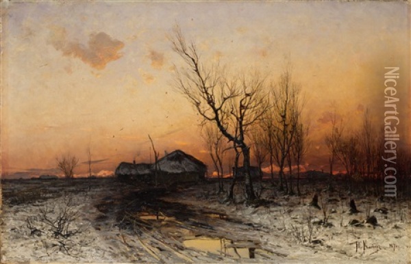 Winter Sunset Oil Painting - Yuliy Yulevich (Julius) Klever