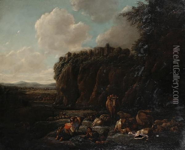 Figures And Cattle By Hilltop Ruins Oil Painting - Johann Christian Vollerdt or Vollaert
