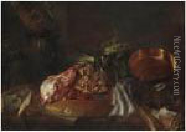 Interno Di Cucina Con Carni, Verdure, Pane E Pentole Di Rame Oil Painting - Giuseppe Recco