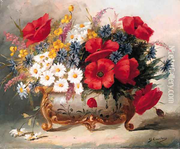 Poppies, Daisies and mixed Summer Flowers in a Roccoco Vase Oil Painting - Eugene Henri Cauchois