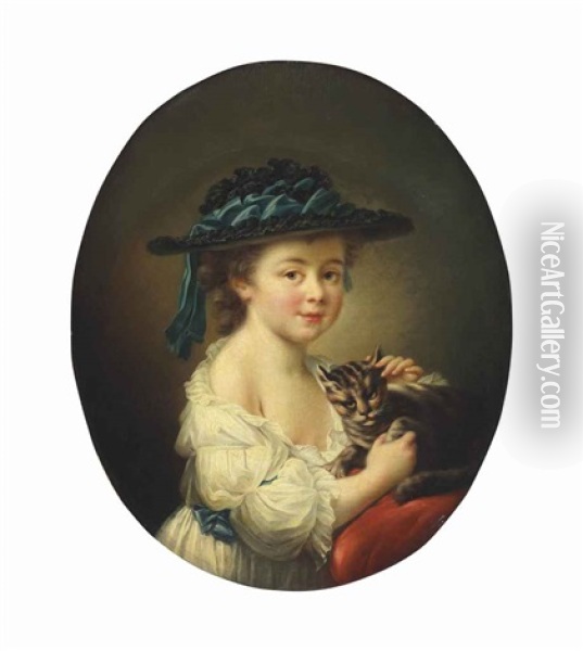 A Girl With A Cat Oil Painting - Francois Hubert Drouais