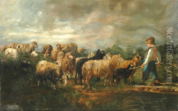 Young Shepherd With Sheep Oil Painting - Annie Cornelia Shaw