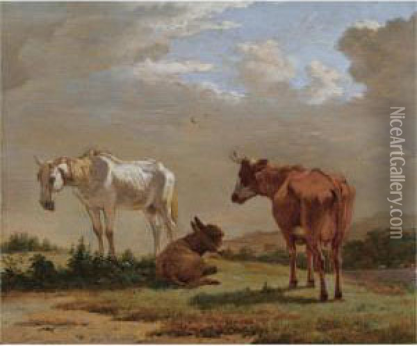 A White Horse, A Cow And A Donkey In A Landscape Oil Painting - Karel Dujardin