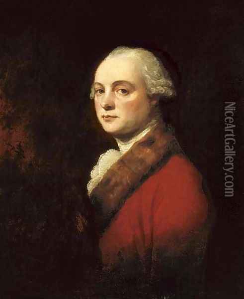 Portrait of John Kenwich, Jr., bust-length, in a red coat with fur trim Oil Painting - George Romney