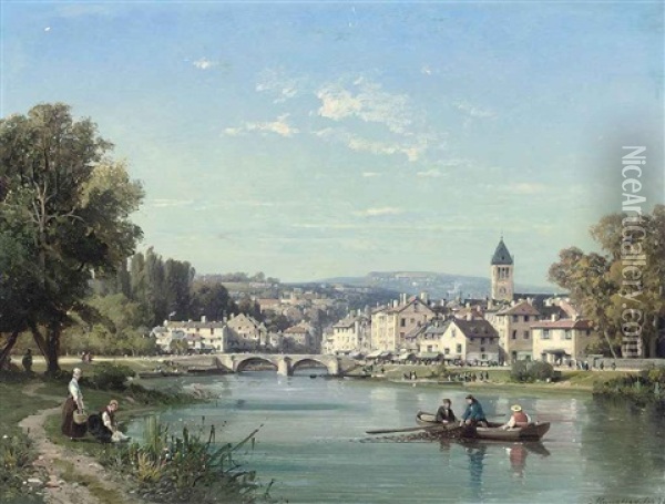 Rowing Near A French Town Oil Painting - Charles Euphrasie Kuwasseg